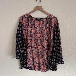 Angie Boho Mixed Print Open Front Short Sleeve Kimono Topper Small Floral Black